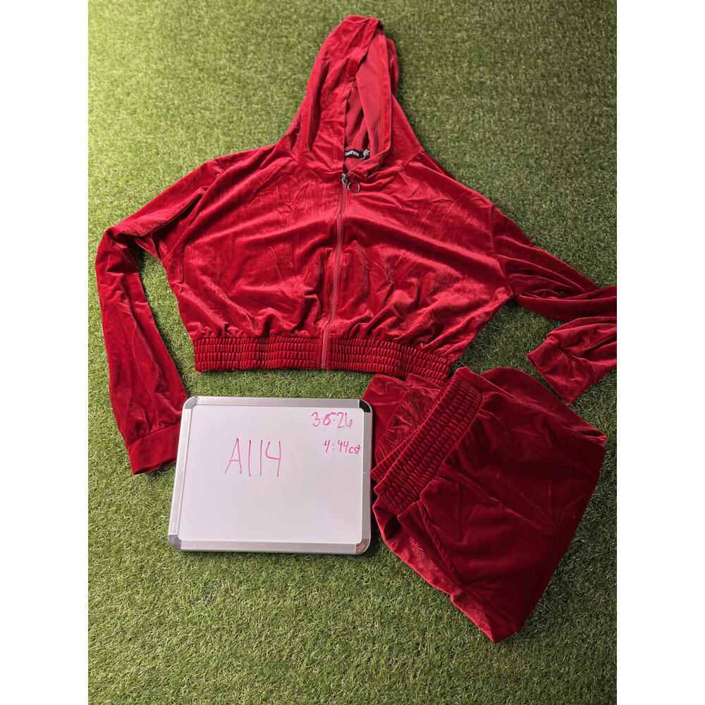 Boohoo Tracksuit Velour Red Velvet‎ Pants Crop Jacket Set UK 18 EUR 46 US 14